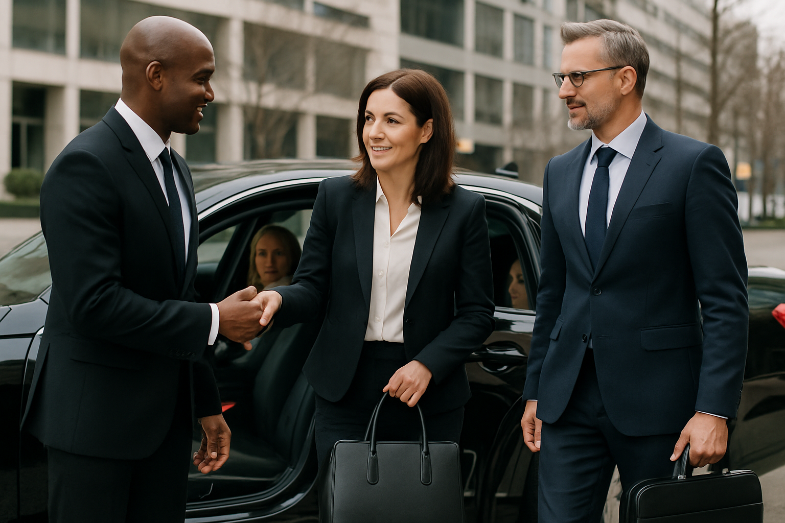 Business professionals using executive car service